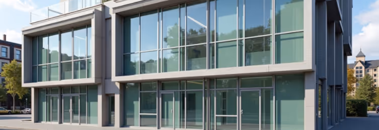  A modern, multi-story office building with a facade primarily made of large glass windows and concrete or light-colored paneling.