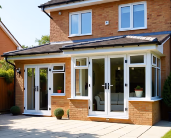 Modern brick house with white conservatory, French doors, and two small shrubs on a paved patio.