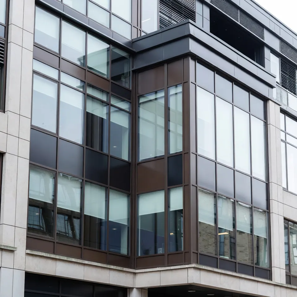  Office building with blue aluminium window frames.