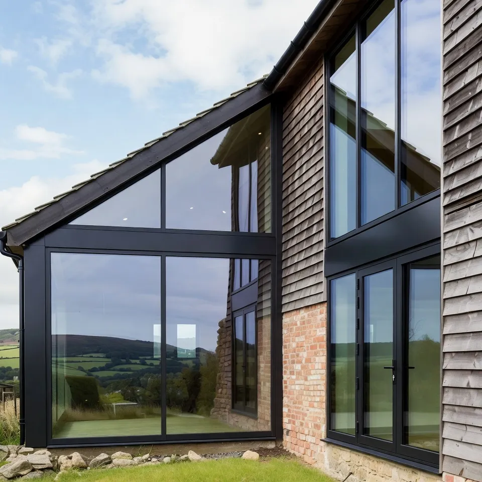 House with full-height window overlooking a green valley.